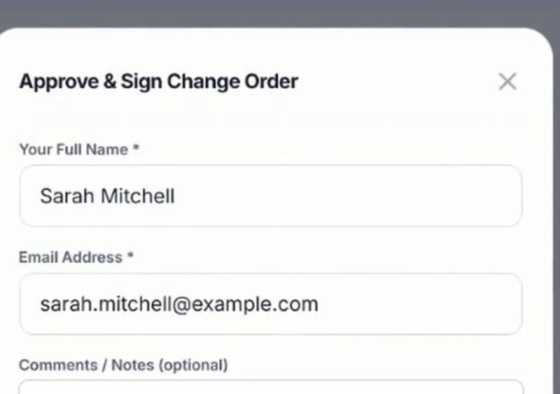 ChangeLink approval interface with fictional example contact details