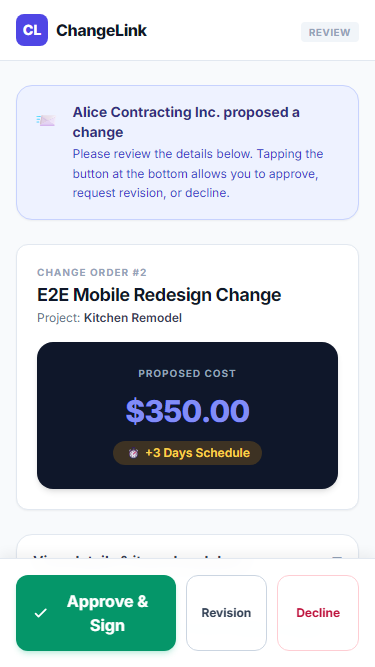 ChangeLink mobile customer review screen using controlled demonstration project, cost and schedule data