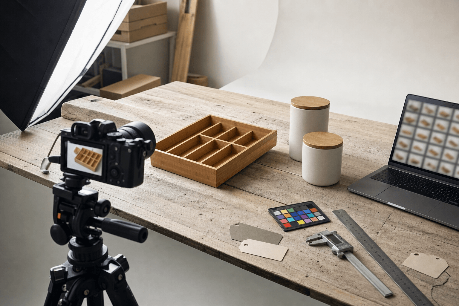 Editorial concept of catalogue preparation and product photography