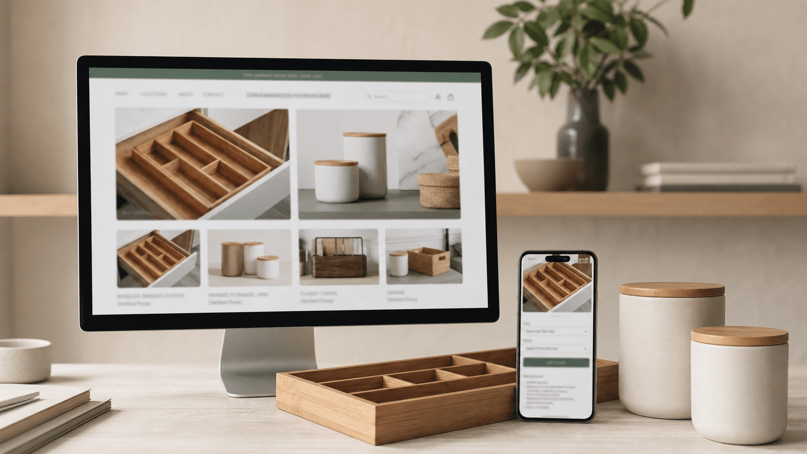 Editorial concept showing a custom commerce experience across desktop and mobile